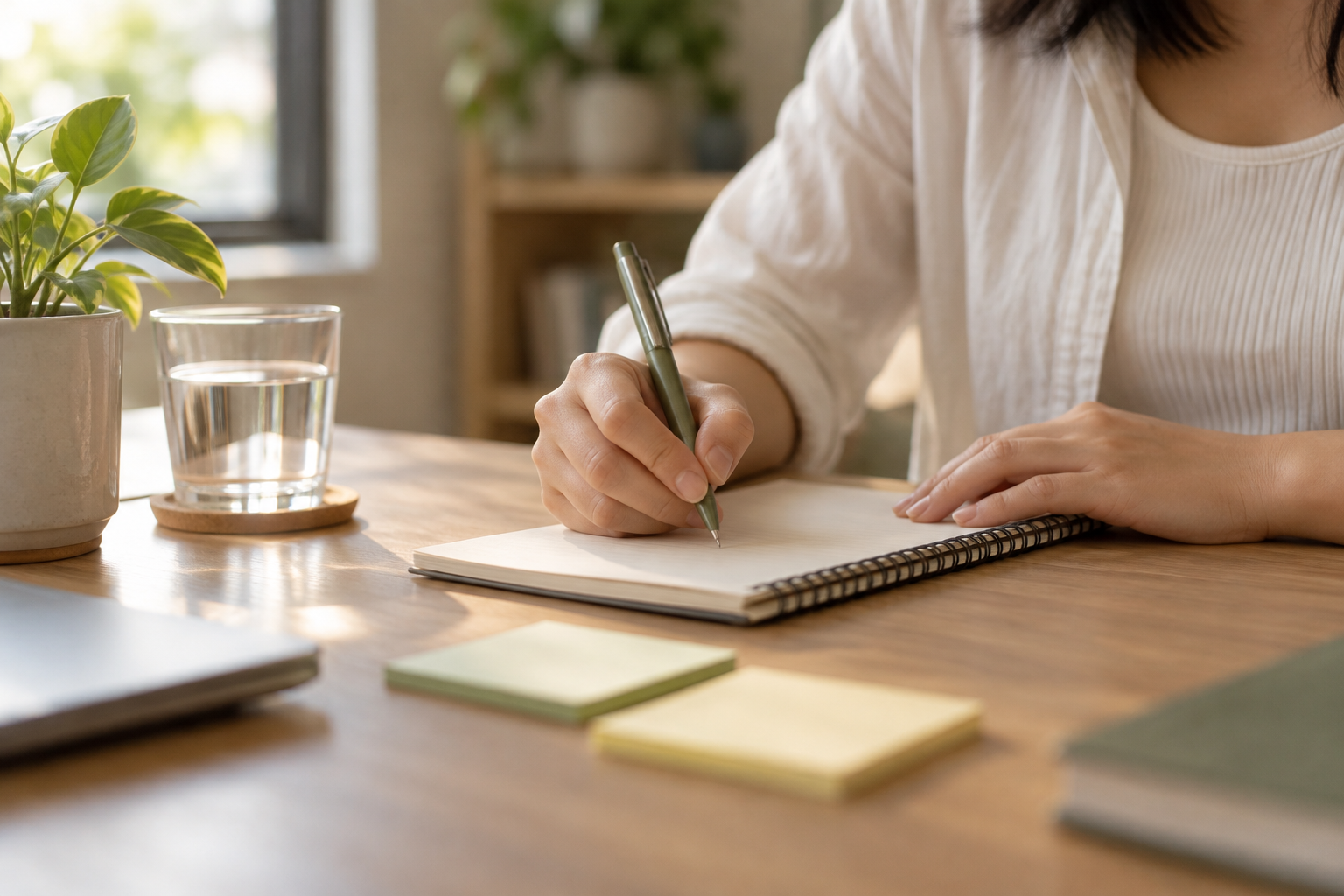 Hands writing in a notebook beside a glass of water.