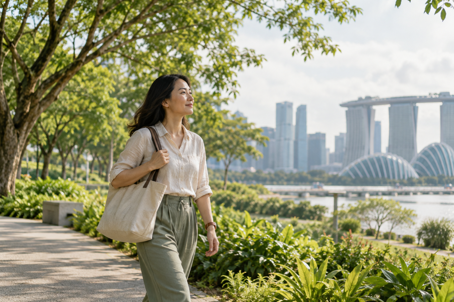 A woman walks through a leafy Singapore park.