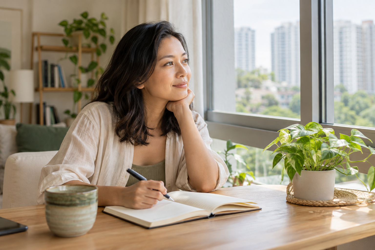 A woman pauses with her journal beside a sunlit window.