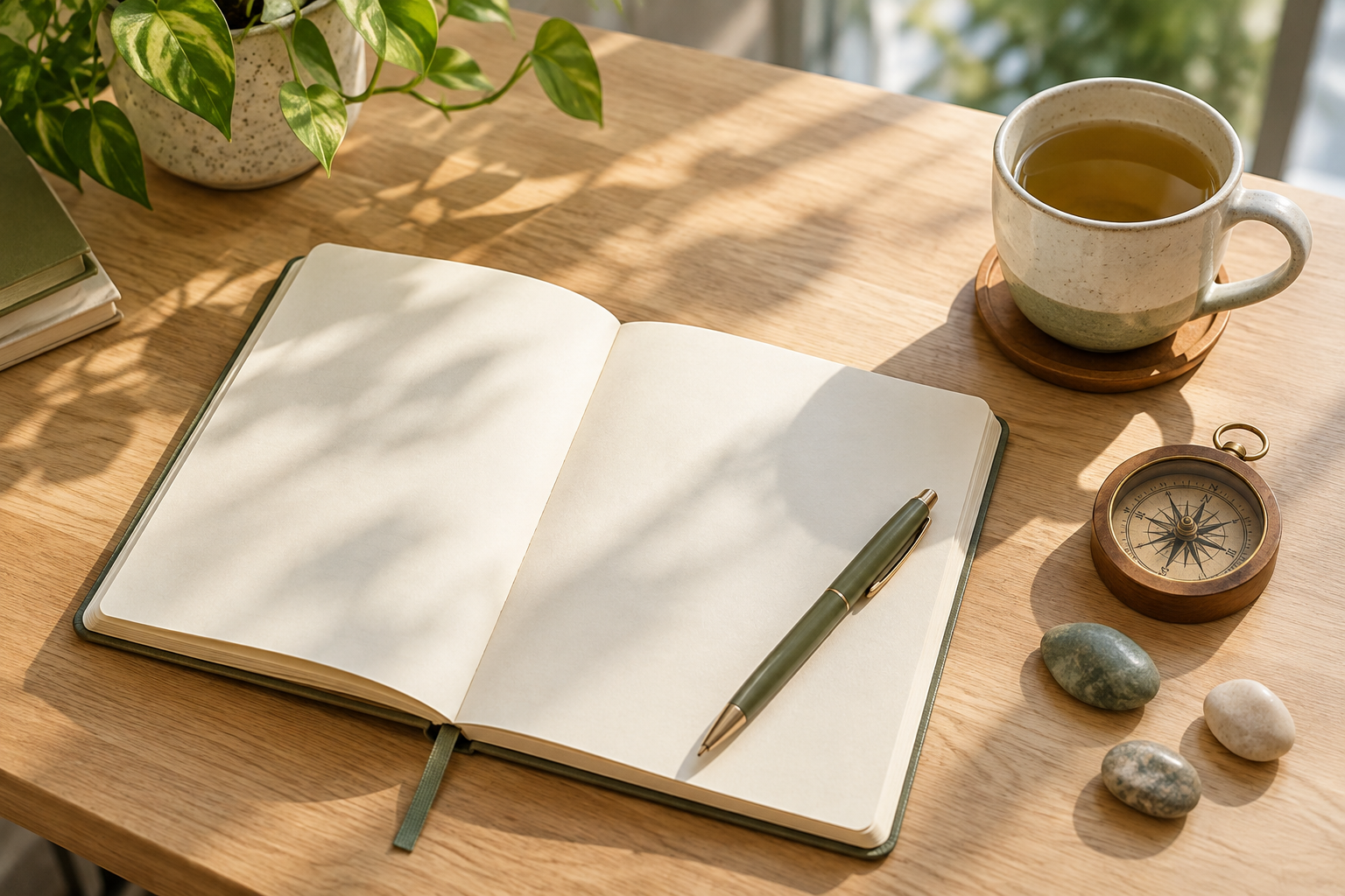 A journal, compass and cup of tea on a sunlit table.