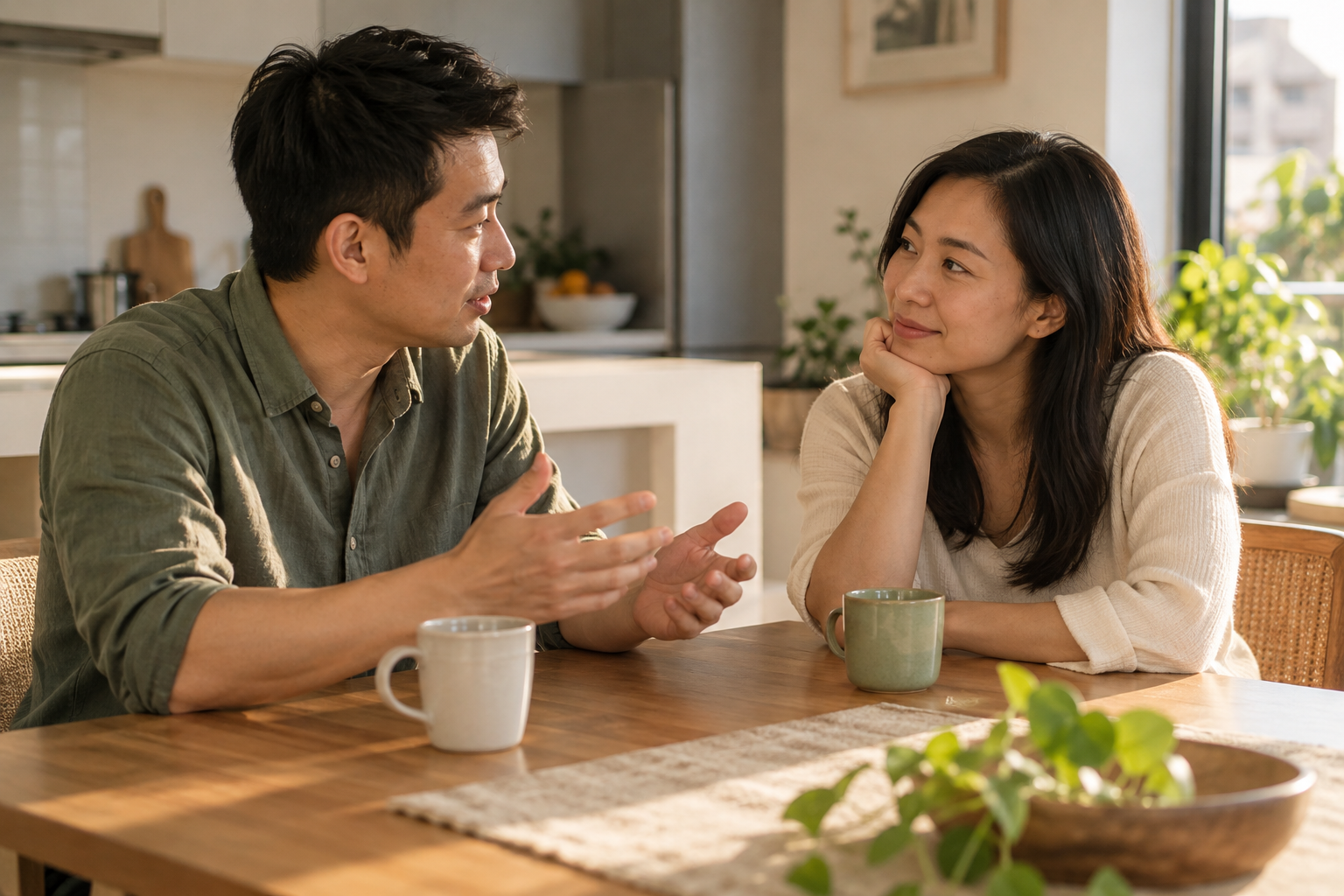 Partners talk and listen at their kitchen table.