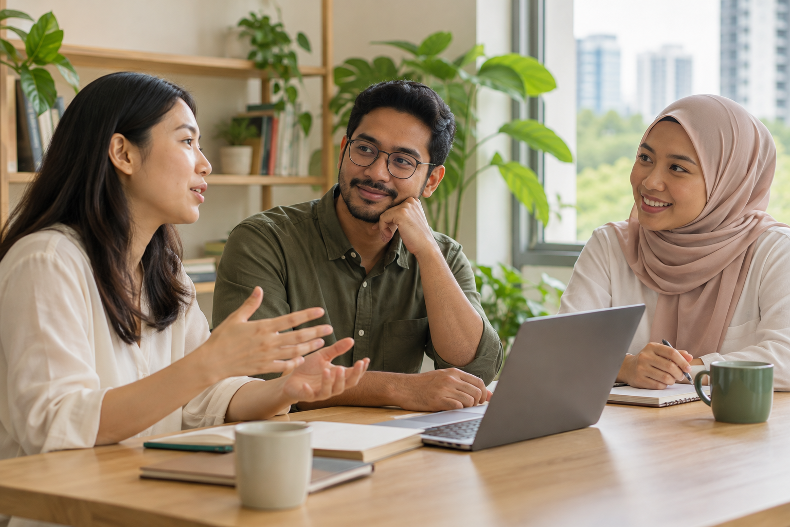 Colleagues listen to one another during a small team conversation.